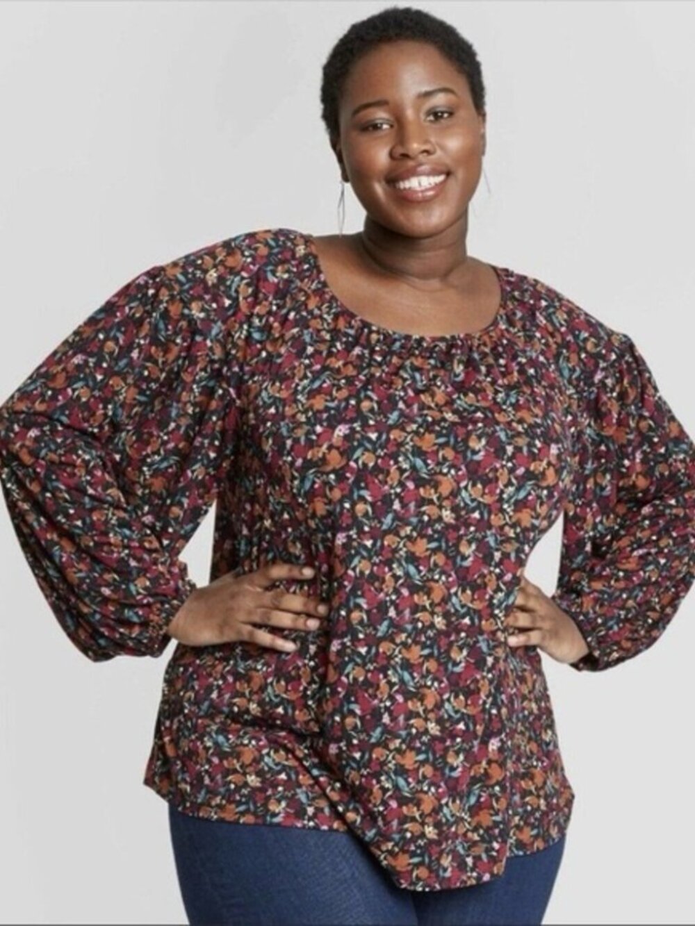 Ava & Viv Multicolor Floral Scoop Neck Long Sleeve Blouse in Size 1X